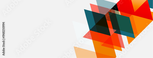 Abstract geometric shapes overlap, creating vibrant color blocks. Design features triangles, rectangles, modern aesthetic. Clean background provides contrast.