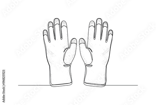 Gloves for Safety. Minimalistic one-line drawing pair of gloves with visible texture and outline, continuous single black line on white background, simple