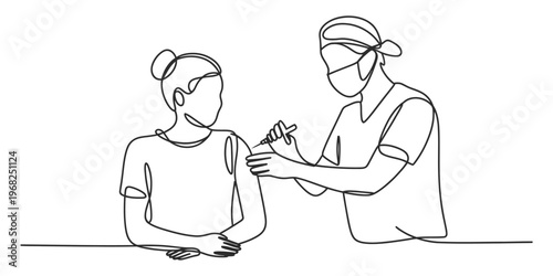 Continuous One Line Drawing of Healthcare Worker Administering Vaccine