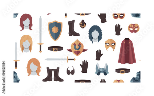cosplay accessories seamless pattern, repeating pattern, surface design, textile print, modern illustration of wigs, masks, swords, shields, gloves, capes,