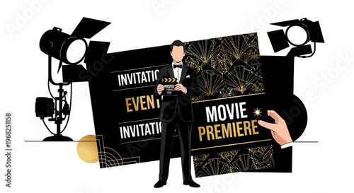 Movie Premiere Event Invitation Design with Spotlight and Art Deco Elements