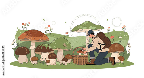 Mushroom Forager Picking Fungi in Wildflower Meadow
