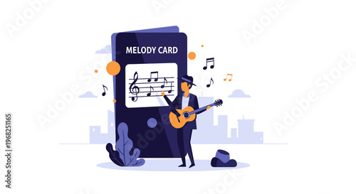 Musician Playing Guitar Next to Melody Card with Musical Notes