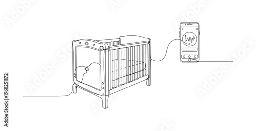 Innovative Childcare Devices. Minimalistic one-line drawing smart crib, sensors, and connected smartphone interface, continuous single black line on white