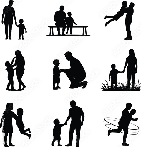 Family silhouettes parents and children playing bonding caring moments love togetherness isolated on white background lifestyle illustration collectionFamily silhouettes parents and children 