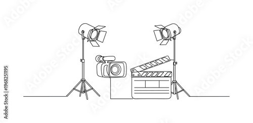 Video Production. Minimalistic one-line drawing camera, lights, and clapperboard arranged on set, continuous single black line on white background, simple