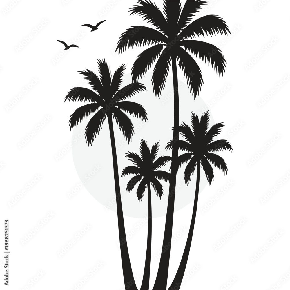 Fototapeta premium Vertical Tropical Palm and Seagull Silhouette Border