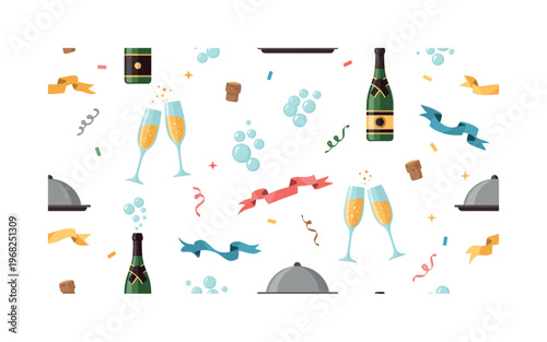 sparkling toast patterns seamless pattern, repeating pattern, surface design, textile print, modern illustration of champagne flutes, bottles, sparkling