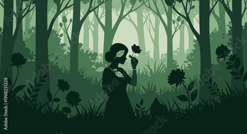 Mystic Forest Silhouette: Woman Amidst Lush Greenery and Flowers