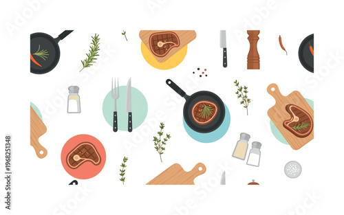 gourmet steak icons seamless pattern, repeating pattern, surface design, textile print, modern illustration of pan-seared steaks, frying pans, knives, forks,