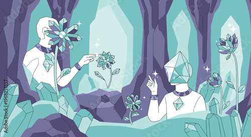 Mystical Cave Exploration: Crystal Beings and Gemstone Flora