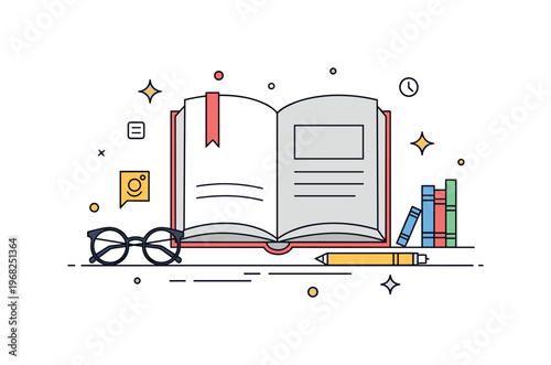 Hardcover book reading desk concept where an open hardcover book rests with a bookmark and glasses nearby while tiny sparkle and star icons highlight focus,