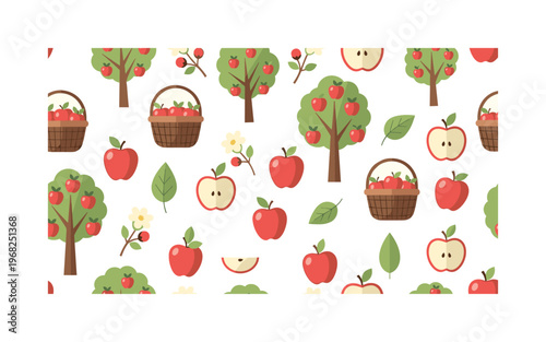 apple orchard motifs seamless pattern, repeating pattern, surface design, textile print, modern illustration of apples, trees, leaves, blossoms, baskets, stems