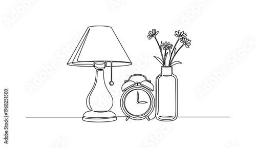 Classic Nostalgia. Minimalistic one-line drawing retro objects like lamp, clock, and vase creating warm scene, continuous single black line on white