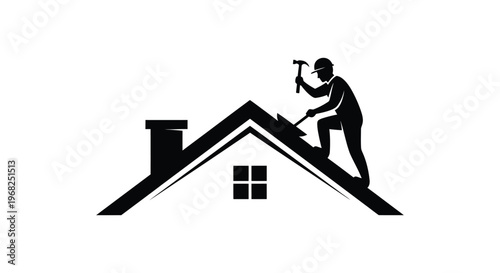 Skilled contractor performing roof repair or construction work on a house vector illustration design