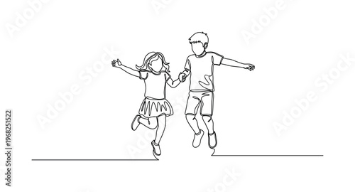 Sibling Fun. Minimalistic one-line drawing brother and sister jumping and playing, continuous single black line on white background, simple outline style, no