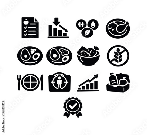 Diet Meal Planning. Solid icon set of Diet Meal Planning: diet plan document, calorie deficit chart, macro nutrients icons, low carb plate, keto meal plate,