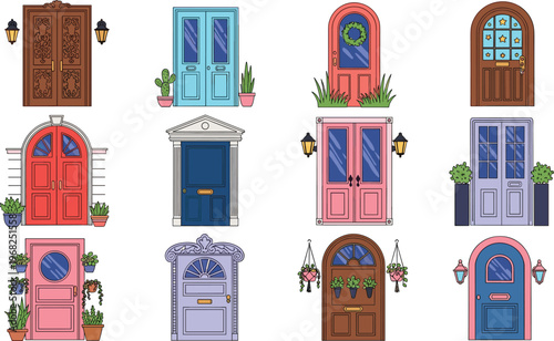 Colorful Front Doors Set with Decorative House Entrance Doors Different Door Designs Vector Illustration Collection for Architecture and Exterior Design