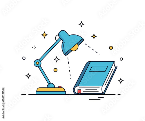 Book reading lamp scene where a book is illuminated by a soft desk lamp while small sparkle and star icons emphasize focus, study, and literary enjoyment. The
