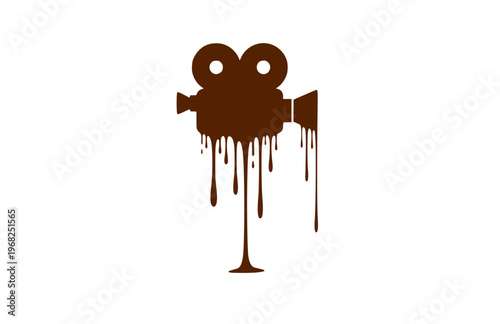 Surreal Melting Movie Camera Silhouette Sticker, Hollywood Director Liquid Drip Vector, Modern Playful Cinema Aesthetic Icon Illustration
