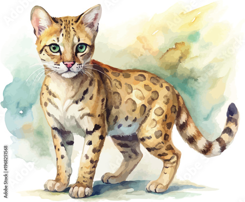 Watercolor Ocelot, Jungle Cat Clipart, vector illustration isolated on white background