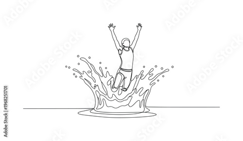 Victory Plunge. Minimalistic one-line drawing person entering water with splash representing success, continuous single black line on white background, simple