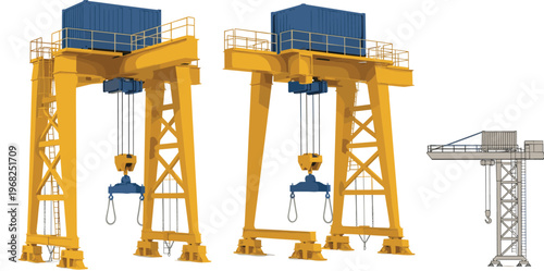 Container Crane Set with Industrial Port Gantry Cranes Heavy Equipment Vector Illustration Collection for Shipping and Logistics Design