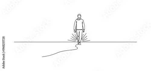 Journey to Light. Minimalistic one-line drawing silhouette walking toward radiant light on horizon, continuous single black line on white background, simple