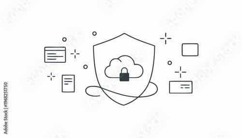 Cloud Computing Security Shield with Lock Icon Representing Protection.
