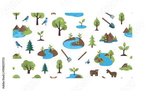 biodiversity restoration patterns seamless pattern, repeating pattern, surface design, textile print, modern illustration of trees, rivers, wetlands, saplings,