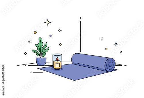 Quiet apartment meditation corner scene where a yoga mat and candle create a calm space while tiny sparkle and star icons highlight tranquility, mindfulness,