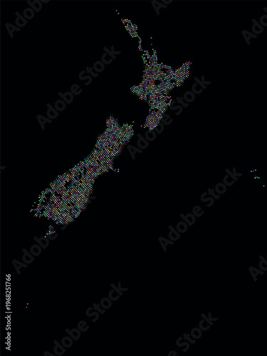 Round dotted pattern New Zealand political vector country map with different colorful dot style