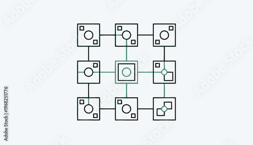 Abstract Grid of Squares and Circles Connected by Lines.