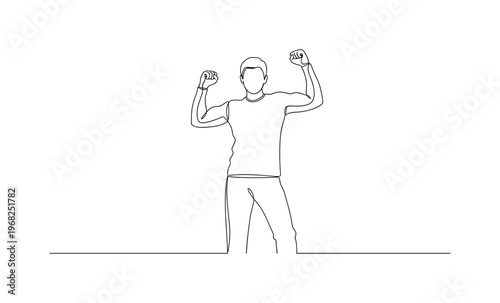 Champion Pose. Minimalistic one-line drawing individual flexing muscles or raising fists in victory, continuous single black line on white background, simple