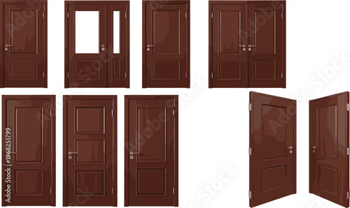 Wooden Interior Door Set with Open and Closed Doors Different Door Designs Vector Illustration Collection for Home and Architecture Design