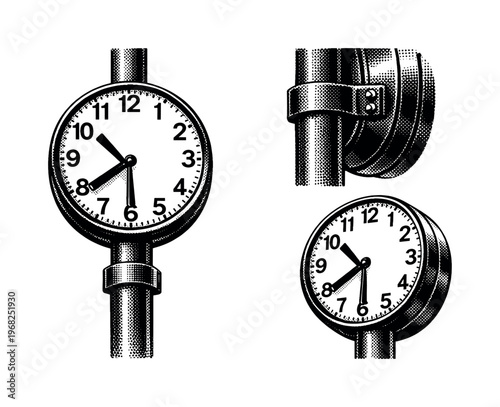 Train platform clock pole-mounted design. A realistic train platform clock shown as one object in three different views, focusing on the vertical