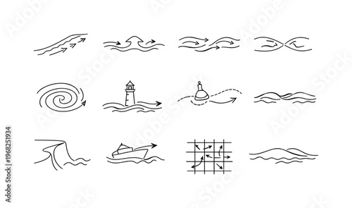 Coastal Currents. Minimalistic set one-line drawing shoreline with arrows, longshore drift arrow, rip current arrow, tidal flow arrows, estuary mixing lines,