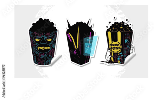 Cyberpunk Popcorn Bucket Silhouette Sticker, Modern Cinema Snack Star Vector, High Contrast Movie Night Nostalgia Illustration