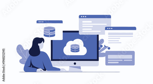 Cloud Database on Computer Screen with Woman in Illustration.