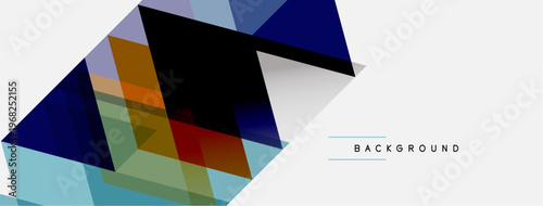 Abstract geometric shapes overlap, creating dynamic composition. Colors include blue, orange, green, red, white. Minimalist design.