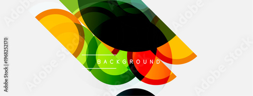 Abstract colorful shapes overlap, creating dynamic visual effect. Bright hues contrast against white space. Text reads background.