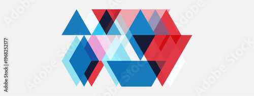 Abstract geometric shapes overlap, creating dynamic composition. Colors include blue, red, gray, white. Minimalist design, modern aesthetic.