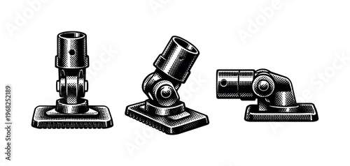 Mop joint connector, a realistic mop joint connector shown straight alignment, angled pivot, and side profile as three object views focusing on mechanical