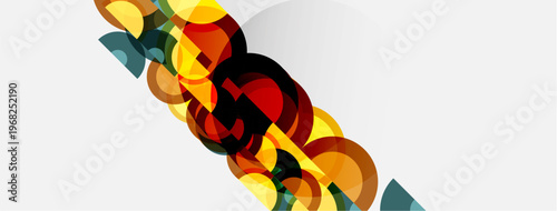 Abstract composition featuring overlapping circles, warm colors dominate, creating dynamic visual flow. Minimalist design with white space.