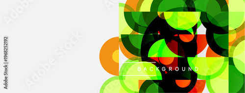 Abstract geometric shapes overlap, creating vibrant colorful background. White space dominates left side. Modern design elements present.