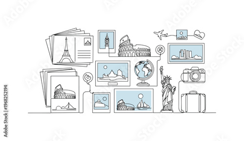 Travel Souvenir Scene. Minimalistic one-line drawing postcards, photos, and small keepsakes from trip, continuous single black line on white background, simple