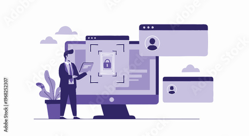 Businessman Analyzing Digital Data and Online Security on Computer Screen.