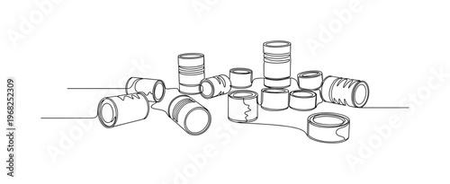 Discarded Metal. Minimalistic one-line drawing rusty tin cans scattered on surface, continuous single black line on white background, simple outline style, no
