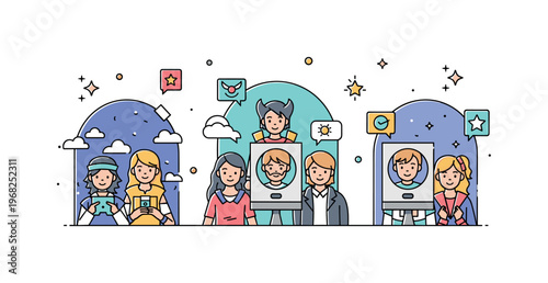 Group cosplay photo booth concept where cosplayers pose in front of themed backgrounds while small sparkle and star icons highlight creativity, expression, and