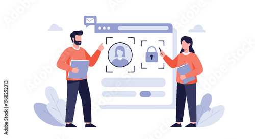 Concept of data protection and security with people and interface.